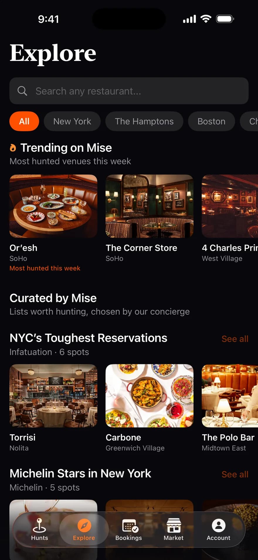 Mise Explore screen: Trending on Mise with Or'esh, The Corner Store and 4 Charles Prime Rib, and NYC's Toughest Reservations